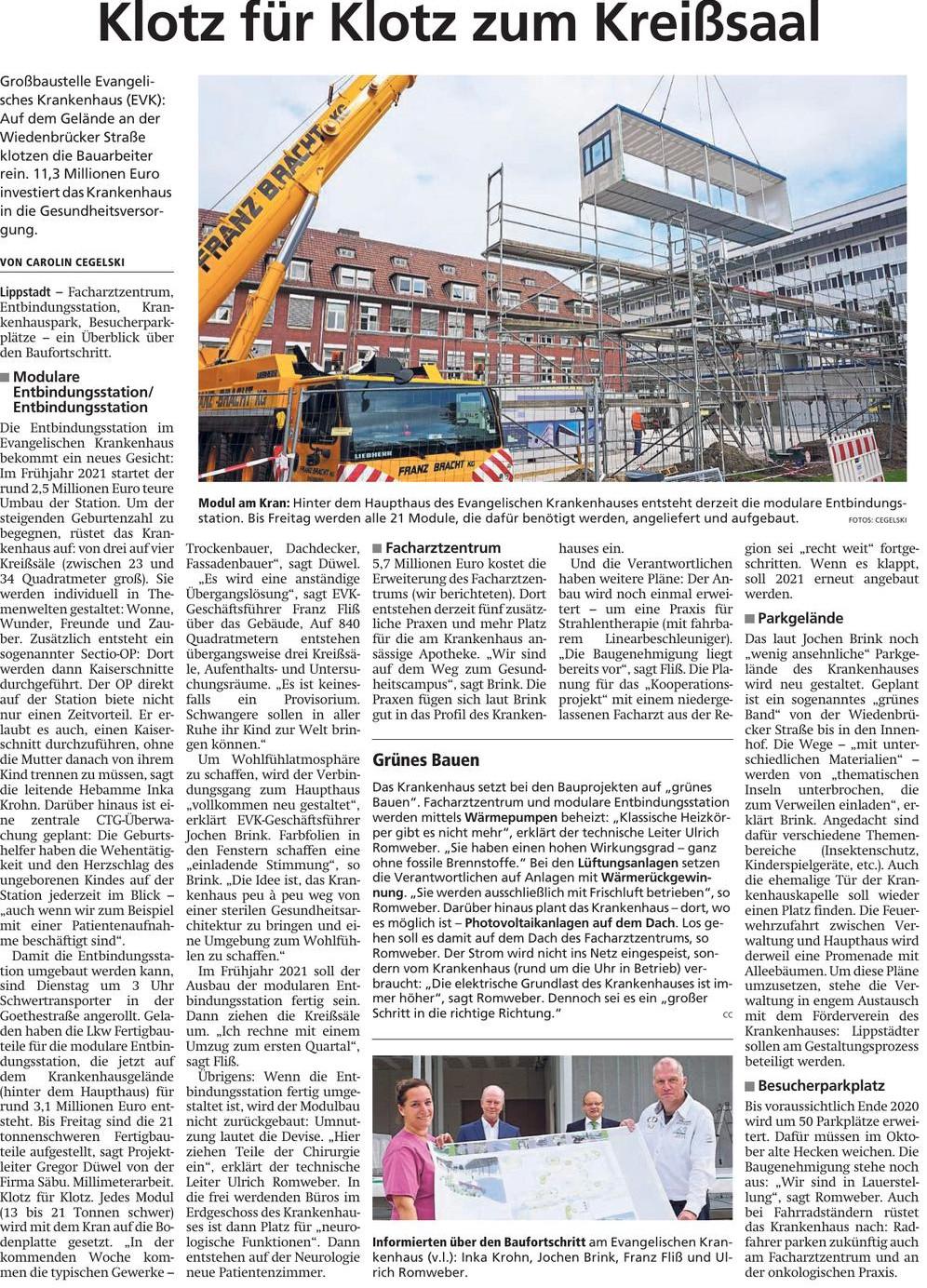 Der Patriot Zeitungsbeitrag modulare Entbindungsstation EVK Lippstadt 