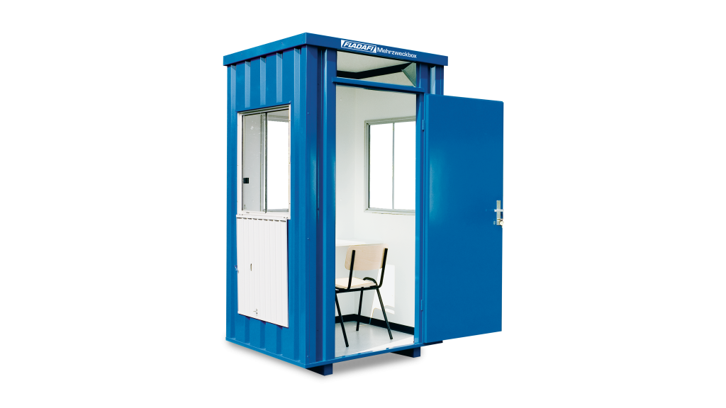 Blaue Mehrzweckbox von FLADAFI mit praktischem Schiebefenster