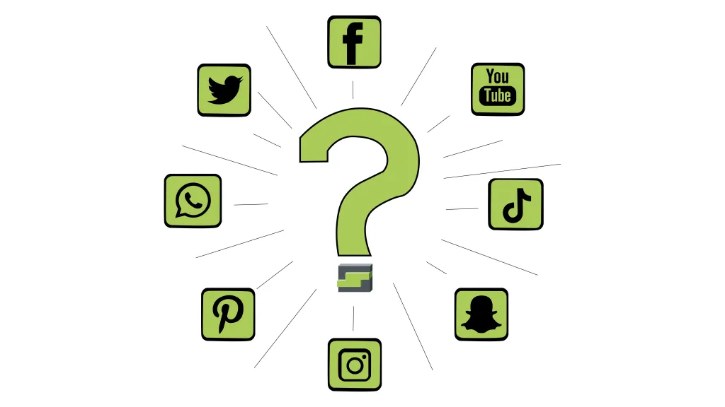 Ein Fragezeichen was von Social Media Icons umzingelt wird.