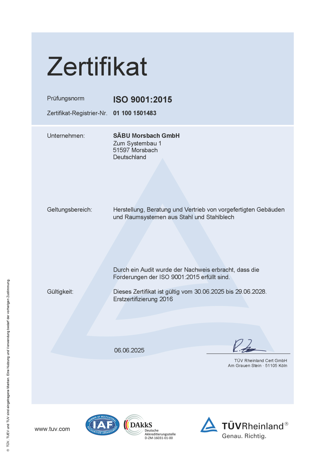 TÜV Rheinland ISO 9001 Zertifikat für SÄBU Morsbach