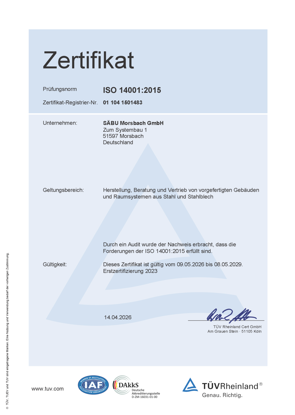 TÜV ISO 14001 Zertifikat Umweltmanagement